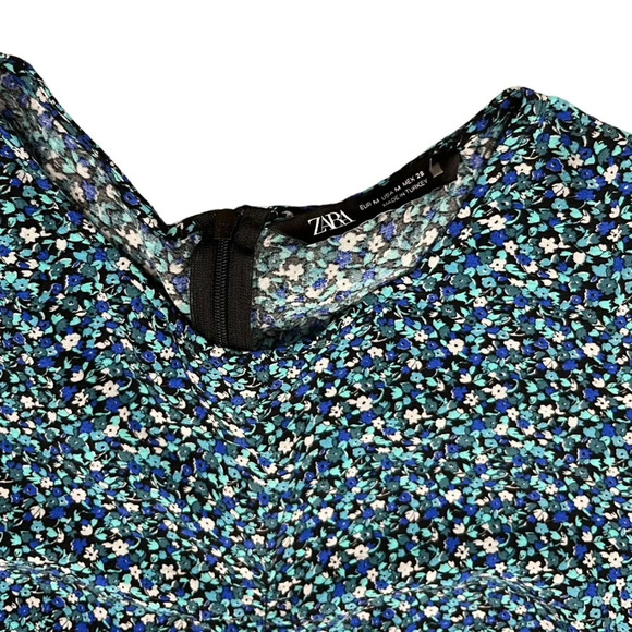 Zara Blue & White Floral Ruched Bodycon Dress Mini Length Long Sleeve Medium - Picture 7 of 12